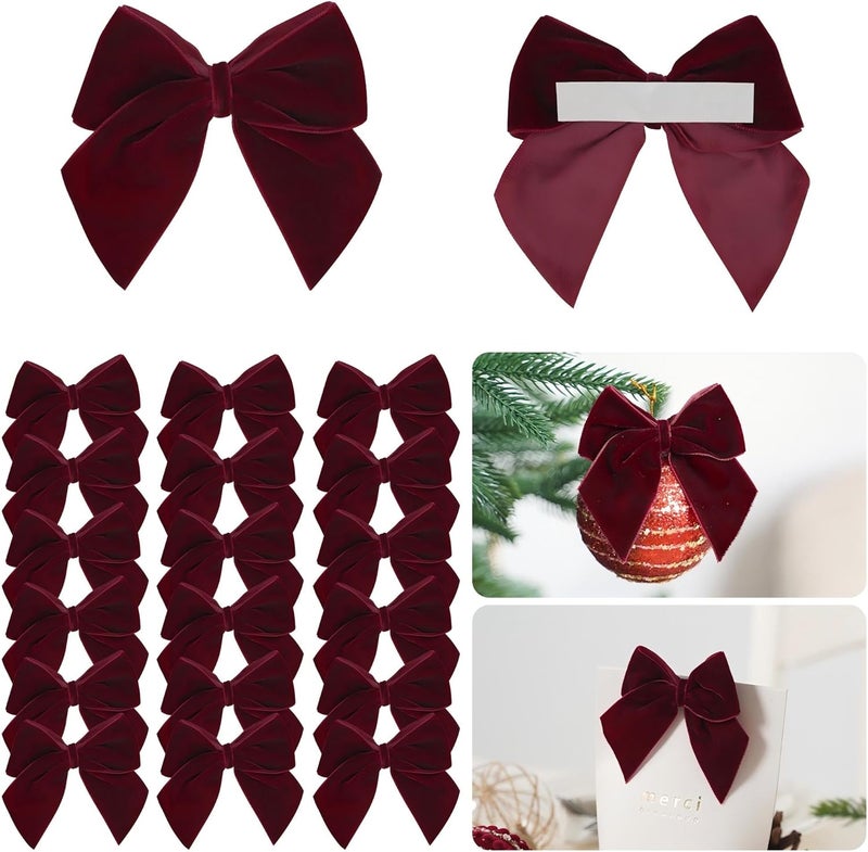 LiBongTa 3.5" Maroon Bows Velvet Ribbon Bow with Self Adhesive, Small Gift Bows Decor, Dark Red Christmas Bows for Treat Bags, Candy Pop, Basket, Party Favor, Craft Bow for Gift Wrapping-24 PCs - Image 1
